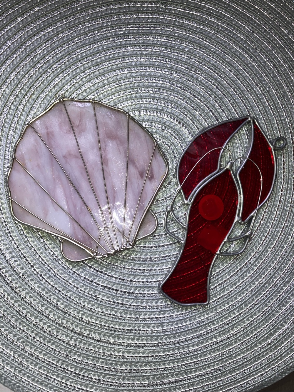 Stained glass lobster and scallop shell hanging ornaments bundle 2 coastal decor